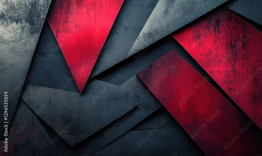 Poster abstract geometric shapes with sharp black and red angles layered against a textured metallic backgr