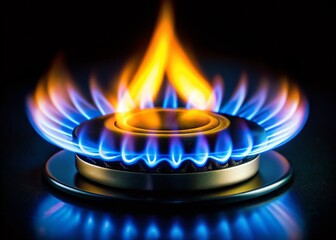 Intense Blue & Yellow Kitchen Gas Stove Flame in Darkness - Stock Photo