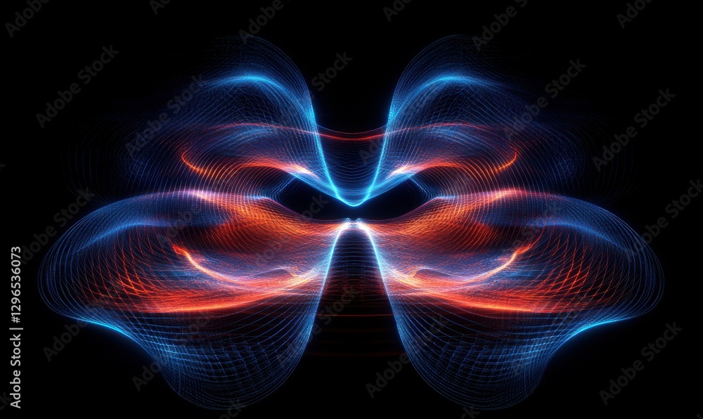 Poster abstract glowing digital grid forming intricate patterns in shades of blue and red against a black b