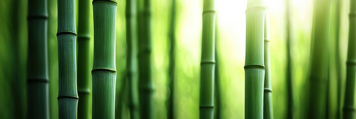 Fototapeta premium Bamboo forest with a soft mist rolling through, sunlight filtering between the tall green stalks, peaceful and meditative setting