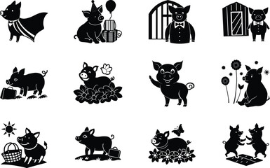 Adorable Black Silhouette Pigs Farm, Party, and Nature Scenes
