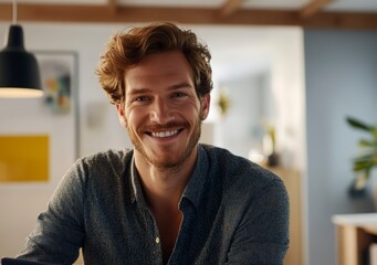 Naklejka premium smiling man working from home with curly hair looking happy and friendly