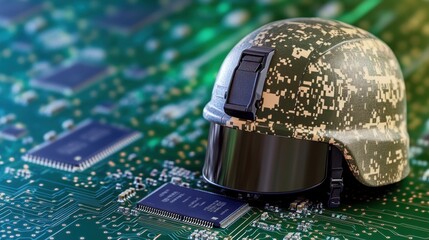 A camouflage helmet resting on a circuit board, symbolizing technology and defense.