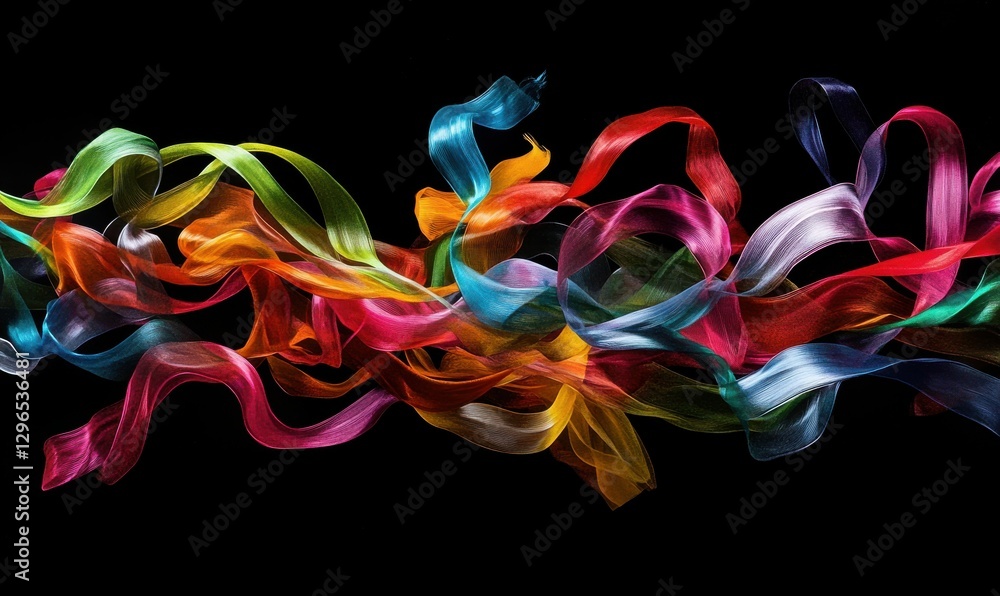 Poster artistic abstract of colorful fluid ribbons twisting dynamically against a dark background, creating