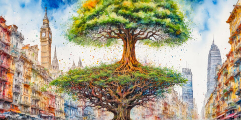 Obraz premium Urban Oasis A Giant Tree in the City