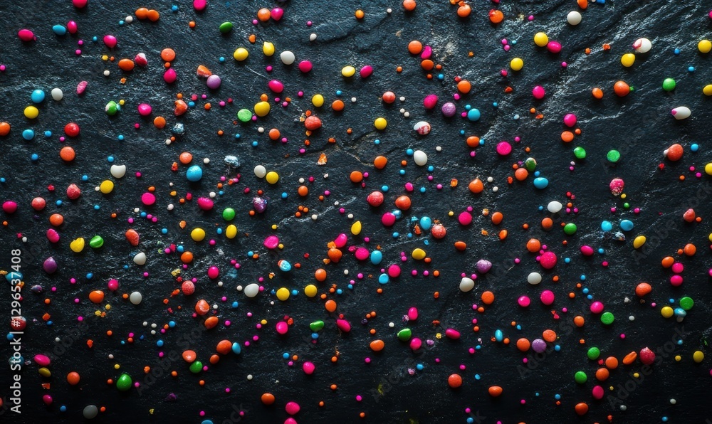 Poster artistic arrangement of colorful candy sprinkles scattered across a slate background, illuminated by