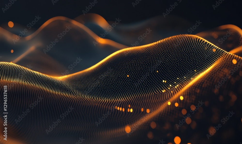 Poster abstract golden particles floating in a dark background, softly glowing to create a magical and cele