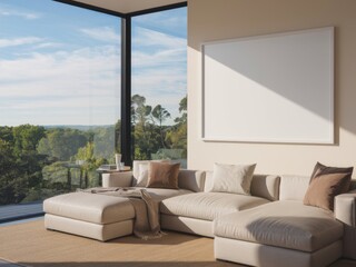Modern L-shaped Sofa with Panoramic View, Empty Mockup Frame