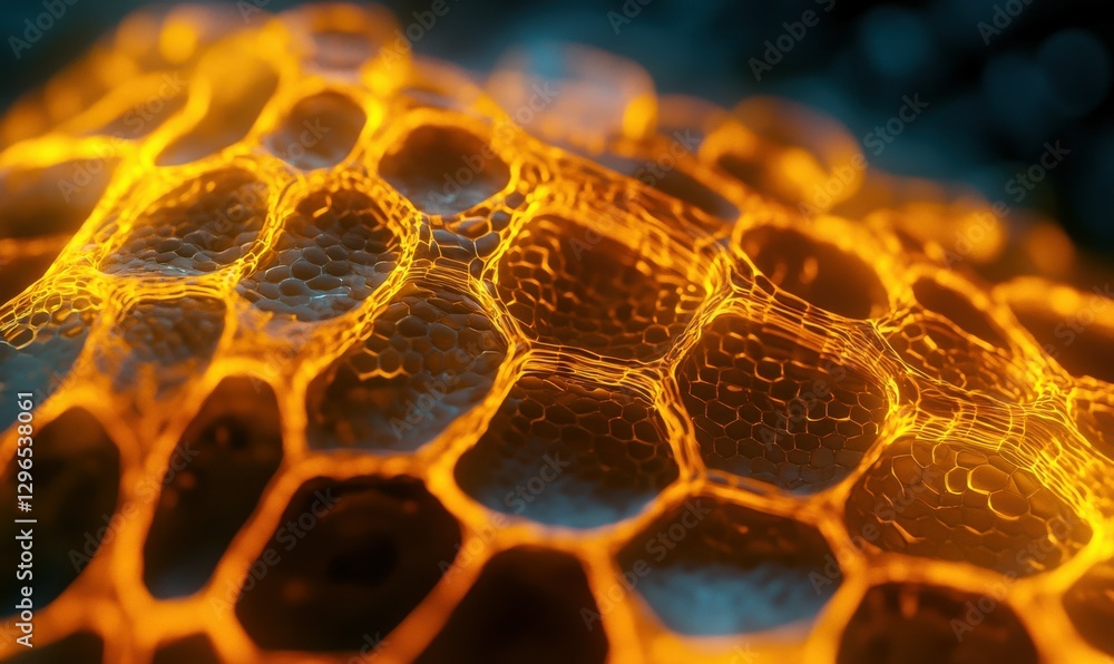 Poster glowing hexagonal patterns with vibrant orange and yellow illumination.
