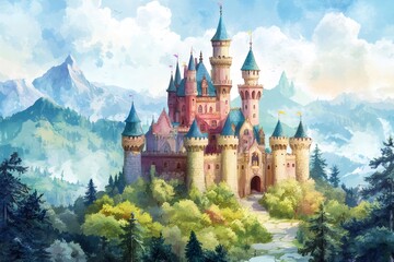Fairytale castle standing in a green valley with mountains in the background