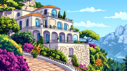 Luxury Villa by the Sea: A stunning illustration of a luxurious villa perched on a hillside overlooking a beautiful coastal landscape, evoking feelings of opulence and tranquility. 