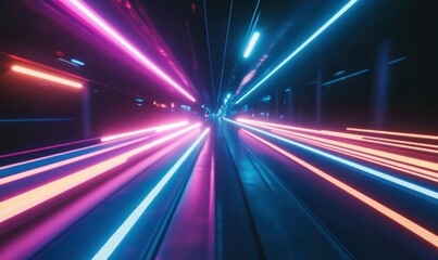 Obraz premium Abstract light trails in vivid pink, blue, and orange hues, creating a sense of motion and energy against a dark background, perfect for futuristic themes, .