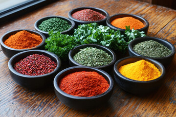 Colorful arrangement of spices in bowls on a wooden table