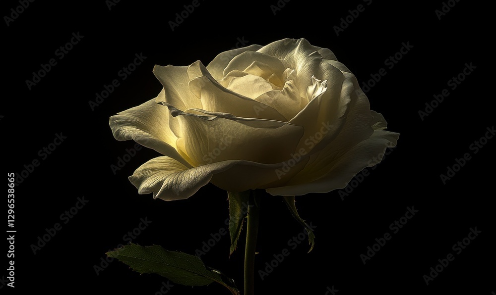 Poster artistic close-up of a delicate white rose illuminated by diffused light, soft shadows emphasizing t
