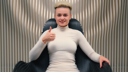 Positive happy woman Caucasian businesswoman girl futuristic space gamer sci-fi female virtual...