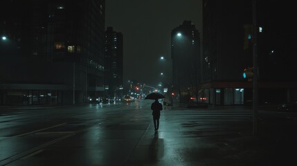 A person holding an umbrella, walking alone in the city at night,