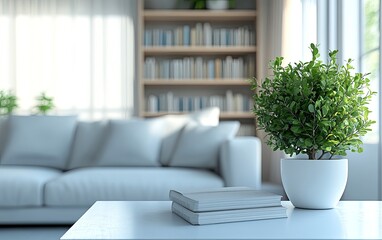 Fototapeta premium 3D rendering of a blurred living room interior with a white sofa and coffee table in the background, a bookcase with books and a potted plant. Minimalist home decor design.