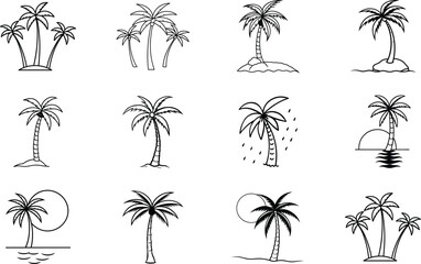 Tropical Palm Tree Icons Simple Line Art Designs for Summer