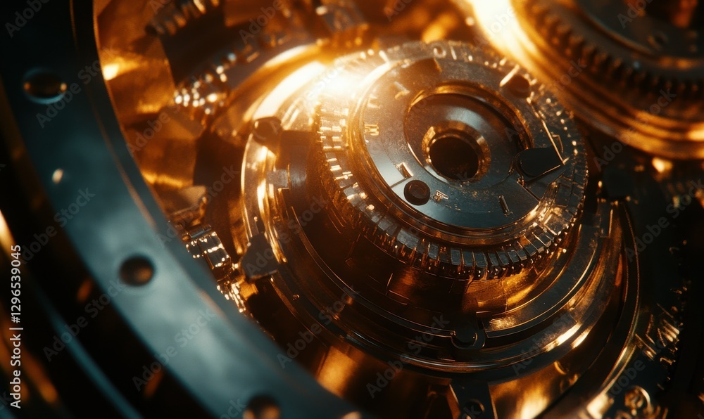 Poster artistic close-up of clock gears and mechanisms, illuminated by soft warm light showcasing timeless 
