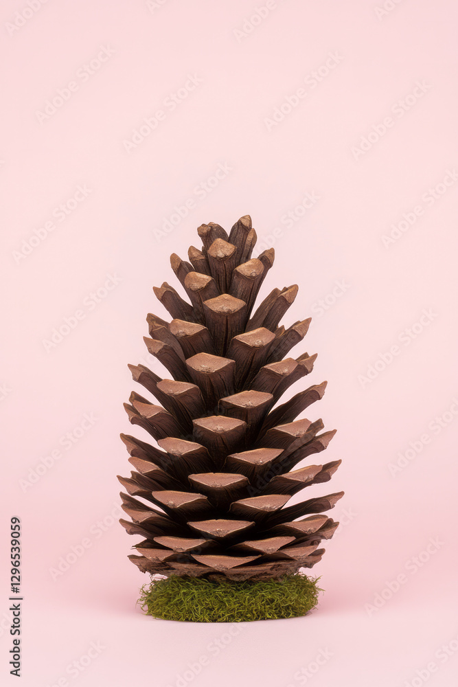 Poster brightly lit studio image featuring a single pine cone and moss arrangement, emphasizing pristine