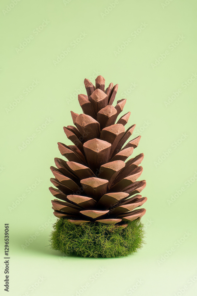 Poster brightly lit studio image featuring a single pine cone and moss arrangement, emphasizing pristine