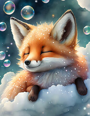 Firefly Watercolor baby fox sleeping on a white cloud, soap bubbles background. Cute funny character. Foxy Animal art. Watercolor illustration. Generative AI