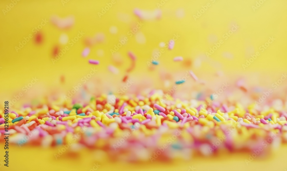 Poster artistic close-up of colorful sprinkles scattered on a smooth yellow surface, illuminated by soft na