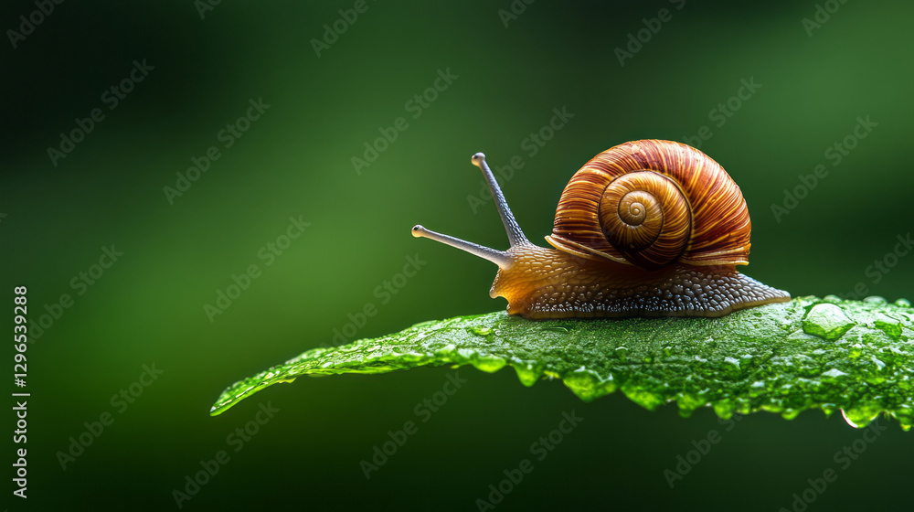 Poster detail-oriented view focusing on a small snail perched on a leaf, symbolizing the gentle life forms