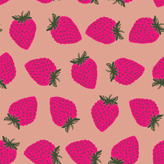 Seamless pattern with strawberry on color background. Natural delicious fresh ripe tasty fruit. Vector illustration for print, fabric, textile, banner, other design. Food concept