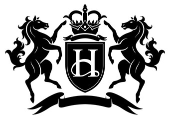 Vector black and white heraldic crest with two standing horses and crown. 