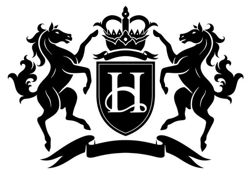 Vector black and white heraldic crest with two standing horses and crown. 
