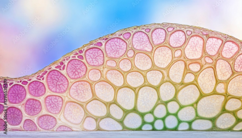 Poster colorful, abstract representation of bubbles or cells with a soft gradient background.