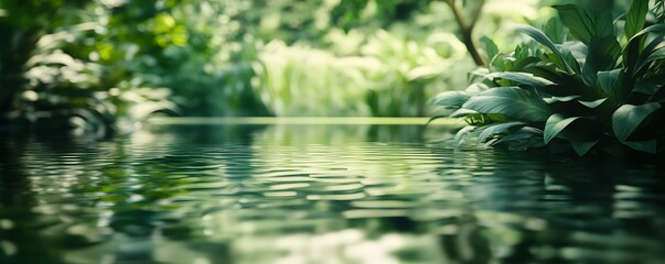 Naklejka premium Lush foliage reflects in calm waters of a tropical paradise