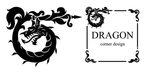 Dragon corner design black and white. Vector black and white ornamental dragon design element. Decorative corner design.