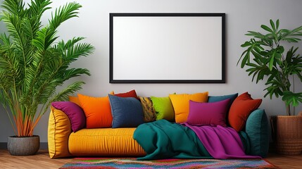 Colorful Living Room with Modern Sofa - Vibrant Cushion Decor in Cozy Living Room, Contemporary Living Room Style