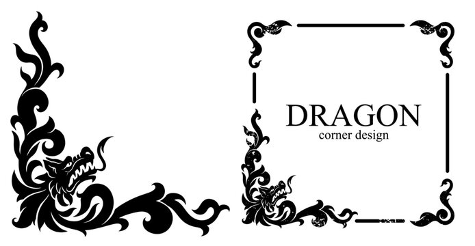 Dragon corner design with ornament. Vector black and white ornamental dragon design element. Decorative corner design