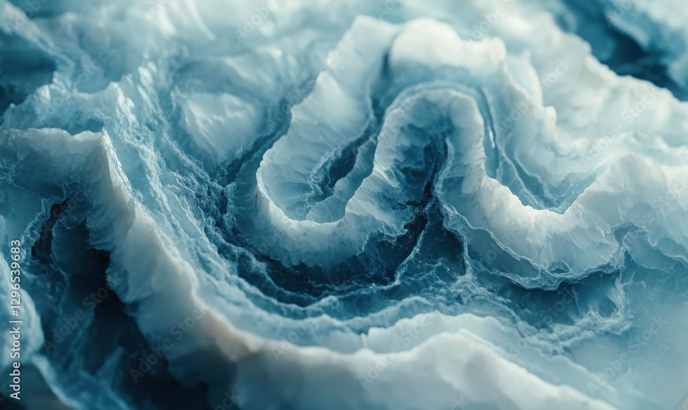Poster artistic close-up of swirling marble textures in shades of blue and white, illuminated by soft diffu