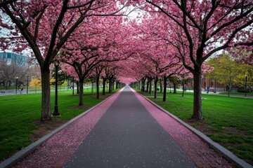 Naklejka premium Cherry blossom avenue in full bloom, pink petals covering the path, serene and poetic springtime atmosphere