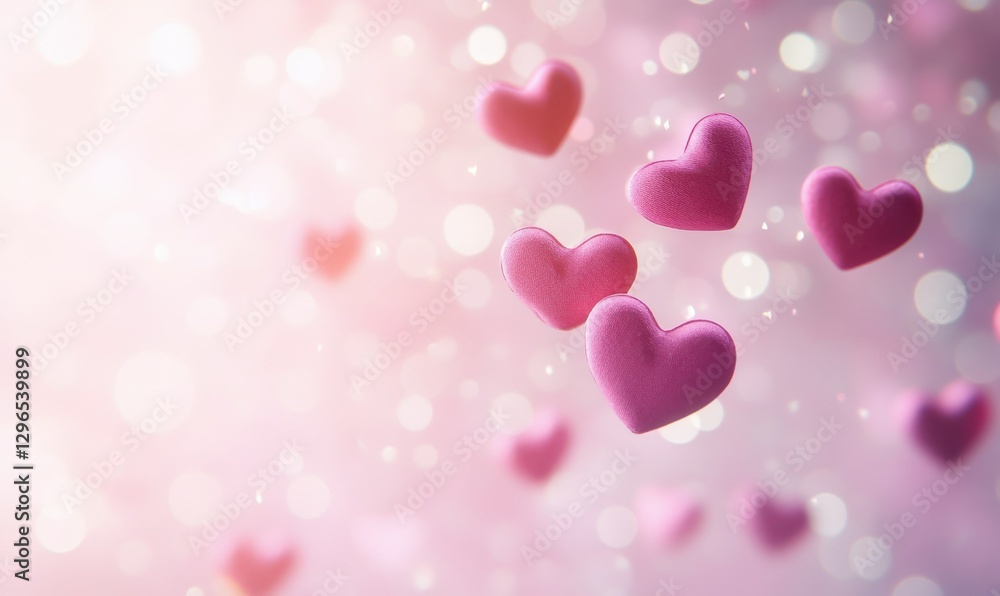Poster abstract pink hearts floating across a pastel background with soft bokeh effects, glowing ambient li