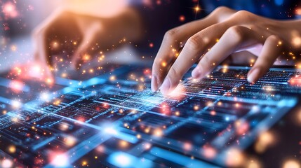 Human fingers touching a technological device displaying digital data