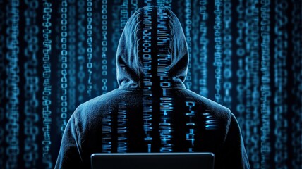 A mysterious figure in a hoodie sits before a glowing screen, surrounded by cascading binary code, evoking themes of hacking and cybersecurity.