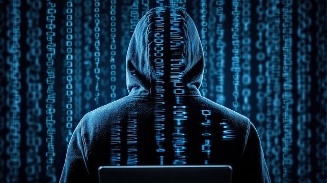 A mysterious figure in a hoodie sits before a glowing screen, surrounded by cascading binary code, evoking themes of hacking and cybersecurity.