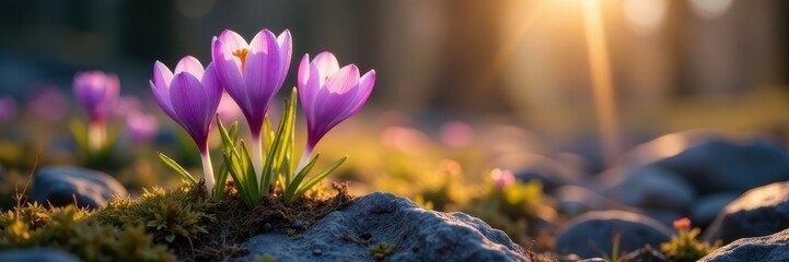 Fototapeta premium Sunlit crocus bursts forth, delicate details on harsh rock , sunlight, color, purple