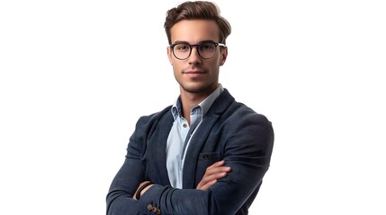 portrait of a confident 25 year old Caucasian young businessman, CEO, boss, bank employee, or manager standing with his arms crossed. He is wearing formal business attire, including a tailored blazer 