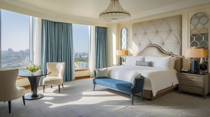 Fototapeta premium Expansive hotel suite with a king-size bed, luxury décor, and panoramic views.