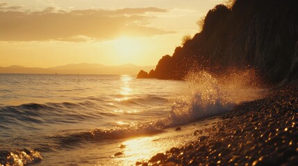 Ocean Wave Crashing on Pebble Beach at Sunset with Golden Light