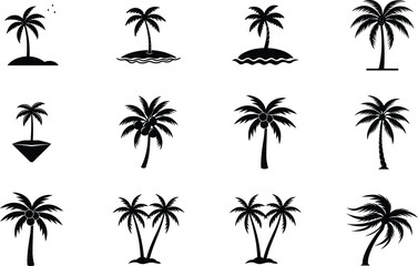 Fototapeta premium Tropical Palm Tree Icons Island, Silhouette, Vacation, Summer, Design