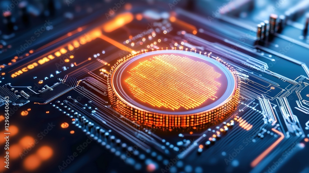 Poster close up image of a cpu chip placed on an intricate circuit board with various electronic components