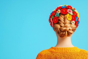 Brightly colored floral headband on braided hair of a young woman against a vibrant blue background, evoking springtime joy and creativity