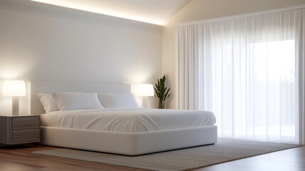 Modern bedroom design featuring minimalistic decor and natural light